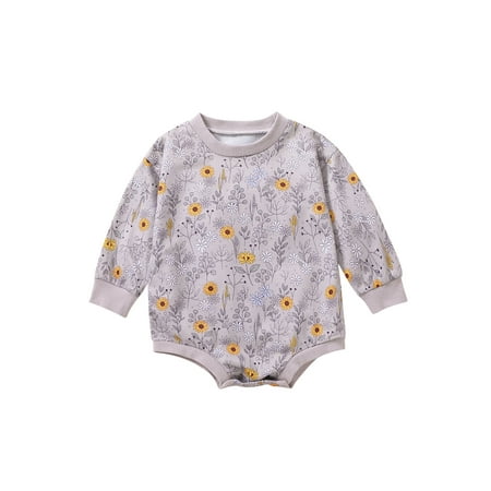 

Seyurigaoka Newborn Baby Girls Romper Tops Floral Ribbed Playsuits Long Sleeve O Neck Loose Casual Jumpsuits for 0-24M Toddler Kids