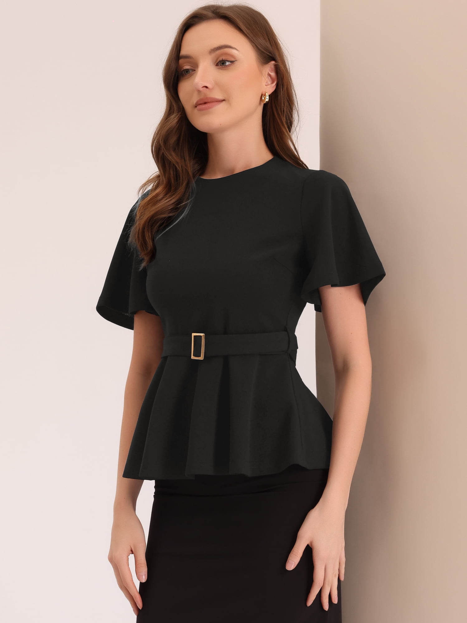 Unique Bargains Women's Peplum Round Neck Bell Sleeve Belted Waist Blouse M Black