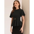 thumbnail image 4 of Unique Bargains Women's Peplum Round Neck Bell Sleeve Belted Waist Blouse S Black, 4 of 6