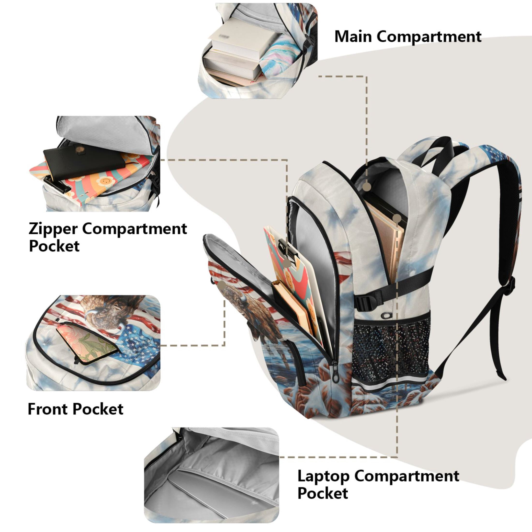 ALAZA Highland Cow America Flag Print Student Backpack School Bookbag Large Laptop Daypack Travel Bag