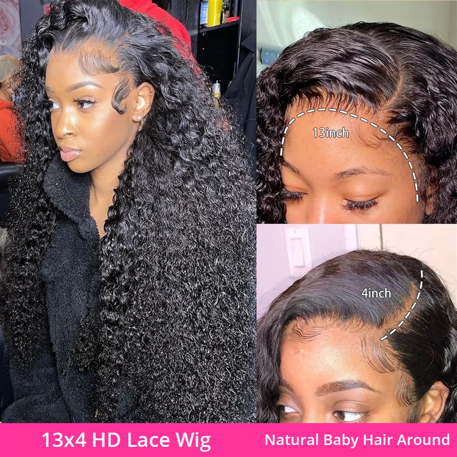 Long Deep Wave Lace Wig HD Transparent Lace Frontal Wig Human Hair Wig 180% Brazilian Remy Hair Wave Curly Lace Wig with Baby Hair for Black Women