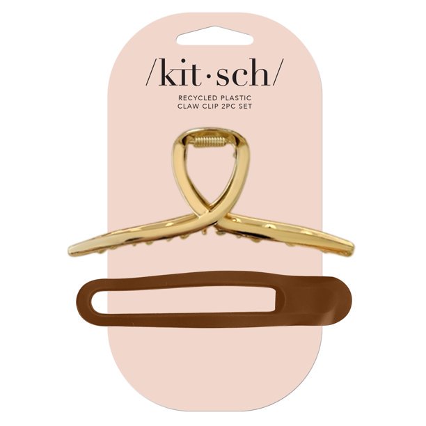 Kitsch Claw Clip Set 2pcs with Metal Loop & Flat Lay Curved Claw, Gold