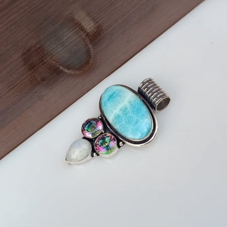 Natural Blue Larimar & Mystic Topaz And Moonstone Gemstone Pendant 925 Sterling Silver Handmade Jewelry