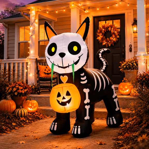 Wondiair 5FT Halloween Inflatable Trick-or-Treat Skeleton Black Cat with Pumpkin Lantern, Blow Up Outdoor Decoration with Built-in LED Lights for Porch, Yard, Lawn & Garden