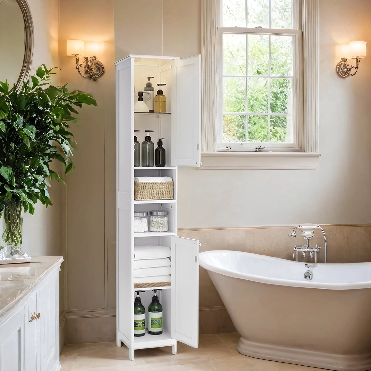 LEDREM Bathroom Storage Cabinet 67" Tall Narrow Wooden Freestanding Cabinet with Automatic Door Lights, Adjustable Shelves,White