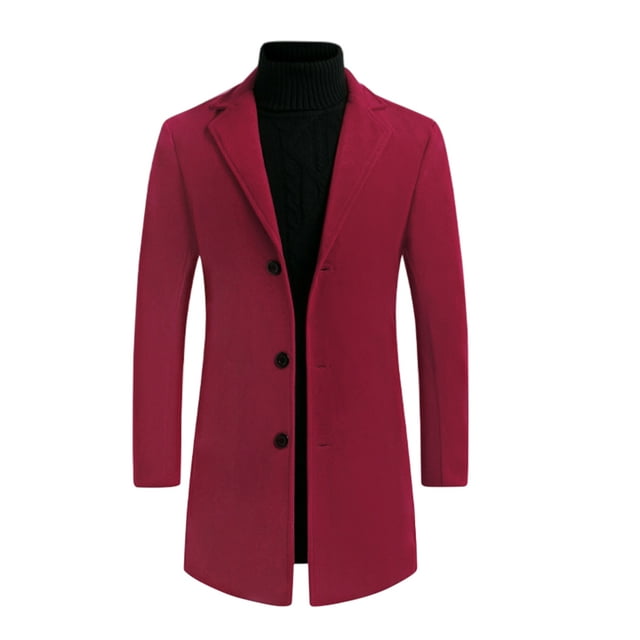 Gabardina para hombre Slim Fit Invierno Solapa con muescas Chaqueta larga de un solo pecho Abrigo Medio Borgoña