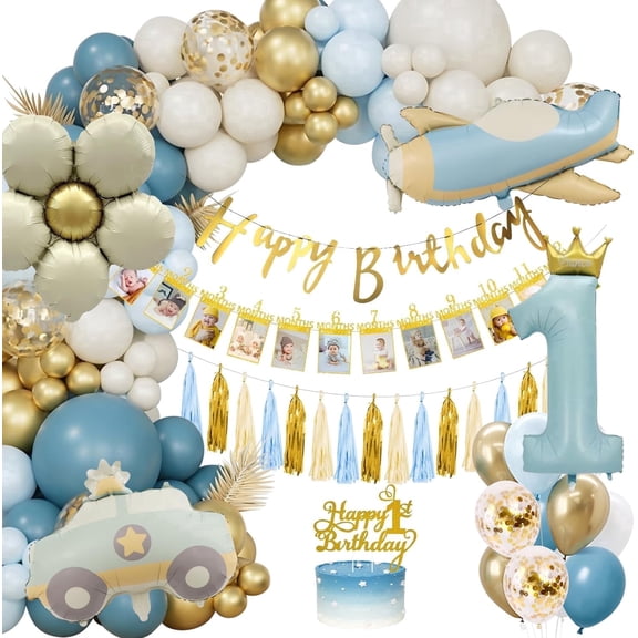 1st Birthday Decorations for Boys With Photo Banner, Blue and Gold Balloons, Number 1 Cake Topper, and Car Balloons