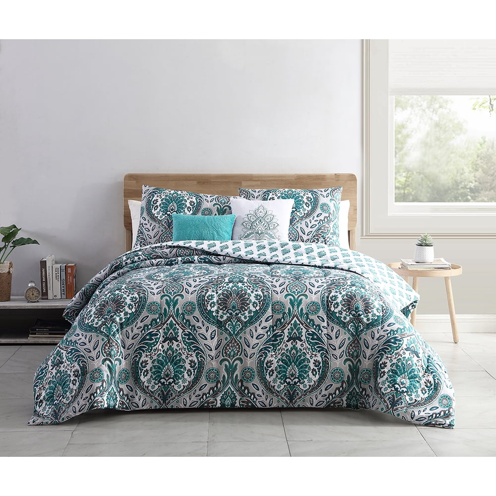 Mainstays Armin Burnout Velvet Damask Comforter Set, Full/Queen, Navy