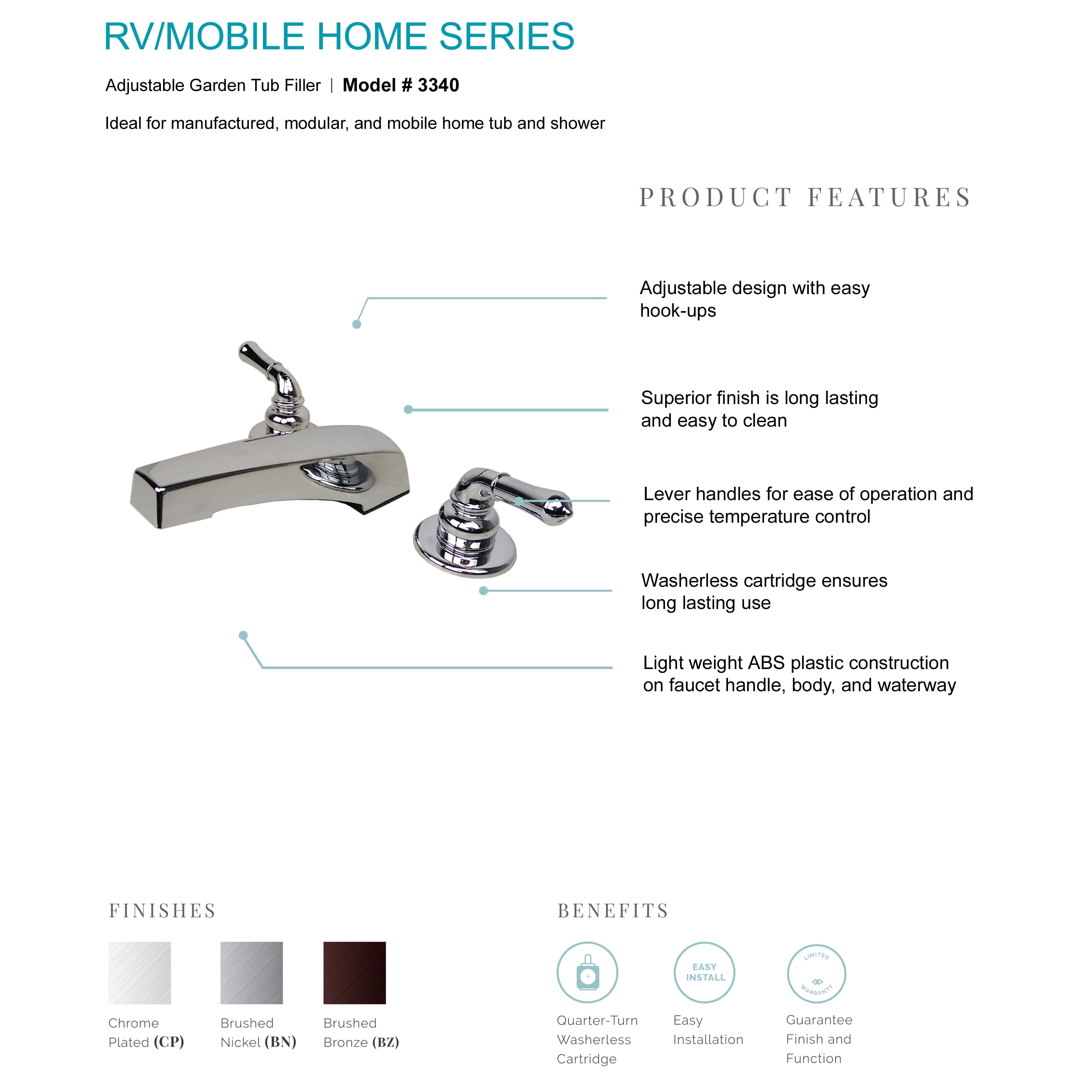 builders shoppe 3340cp mobile home non-metallic two handle adjustable garden tub filler faucet chrome finish