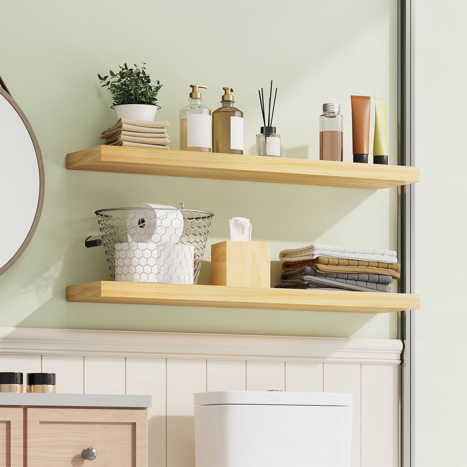 Fairy 2pcs Floating Shelves for Wall, 22.5in Bathroom Kitchen Shelves for Rustic Farmhouse Decor, Oak