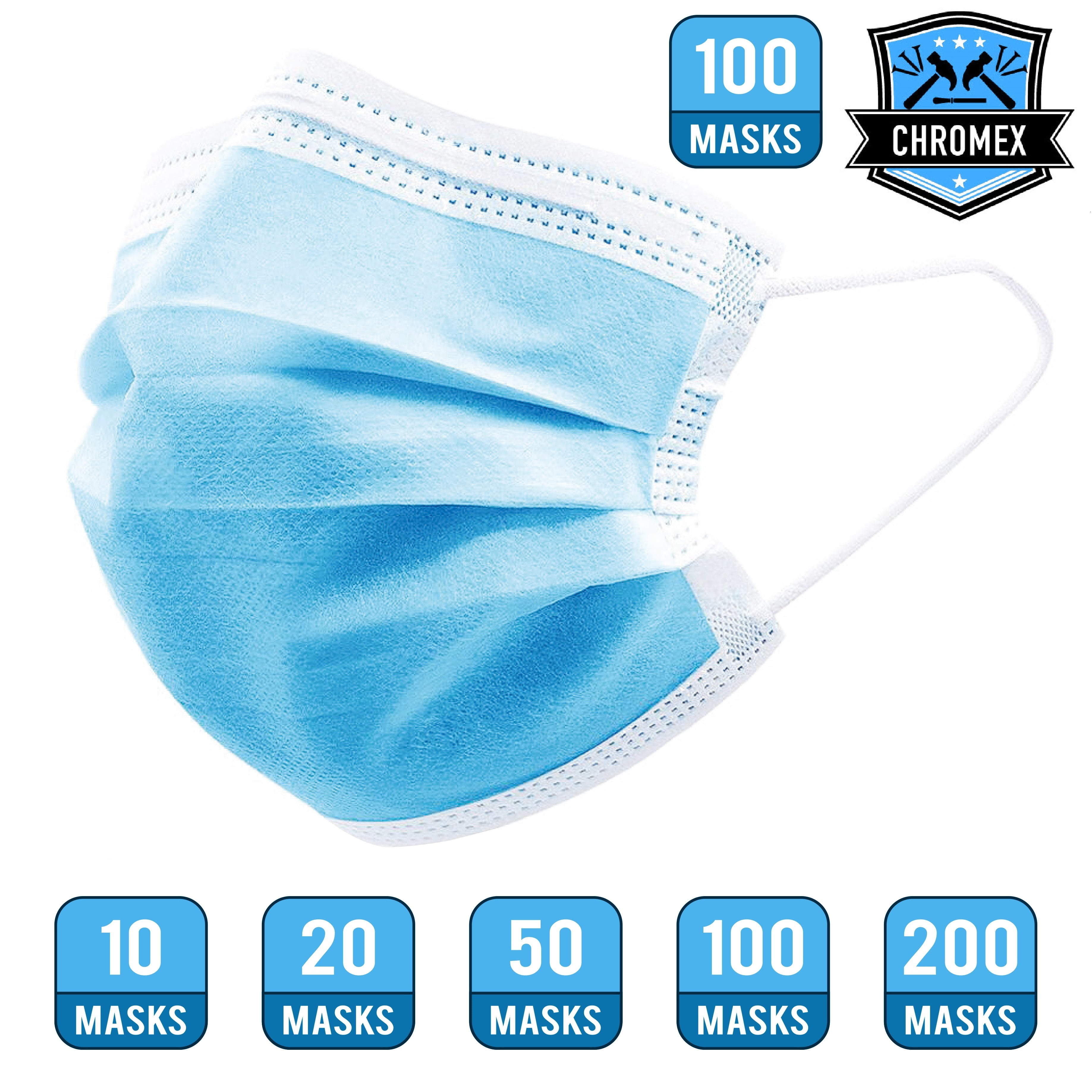 Chromex 3 Ply Non Woven Ear Loop Style Breathable Disposable Face Masks