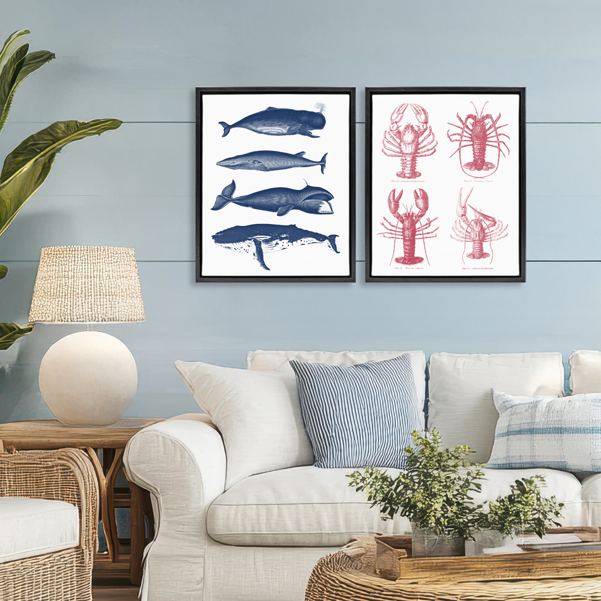 Marine Whales & Lobsters 2 Piece Black Framed Floater Canvas Set, design by Lettered and Lined