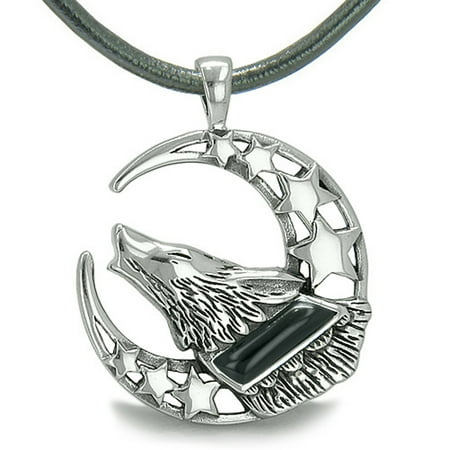 Energy Star Convertible Pendant Howling Courage Wolf Moon Stars Amulet Positive Earth Energy Simulated Onyx Leather Pendant Necklace ()