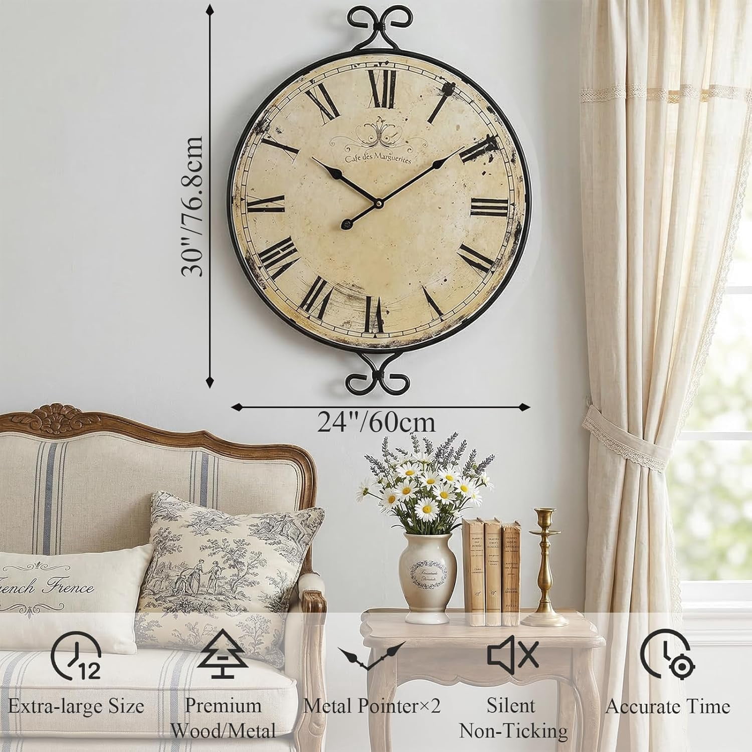 MODE HOME 30 iinch Large Farmhouse Wall Clock, Silent Battery Operated Retro Gold Wrought Iron Clock, Vintage Decorative Timepiece for Home Decor