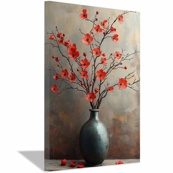 Mudket Red Plum Blossom in Vase Canvas Wall Art, Vintage Floral Wall Decor, Rustic Red Flower Pictures for Living Room Bedroom, Framed Ready to Hang - 12"L x 8"W
