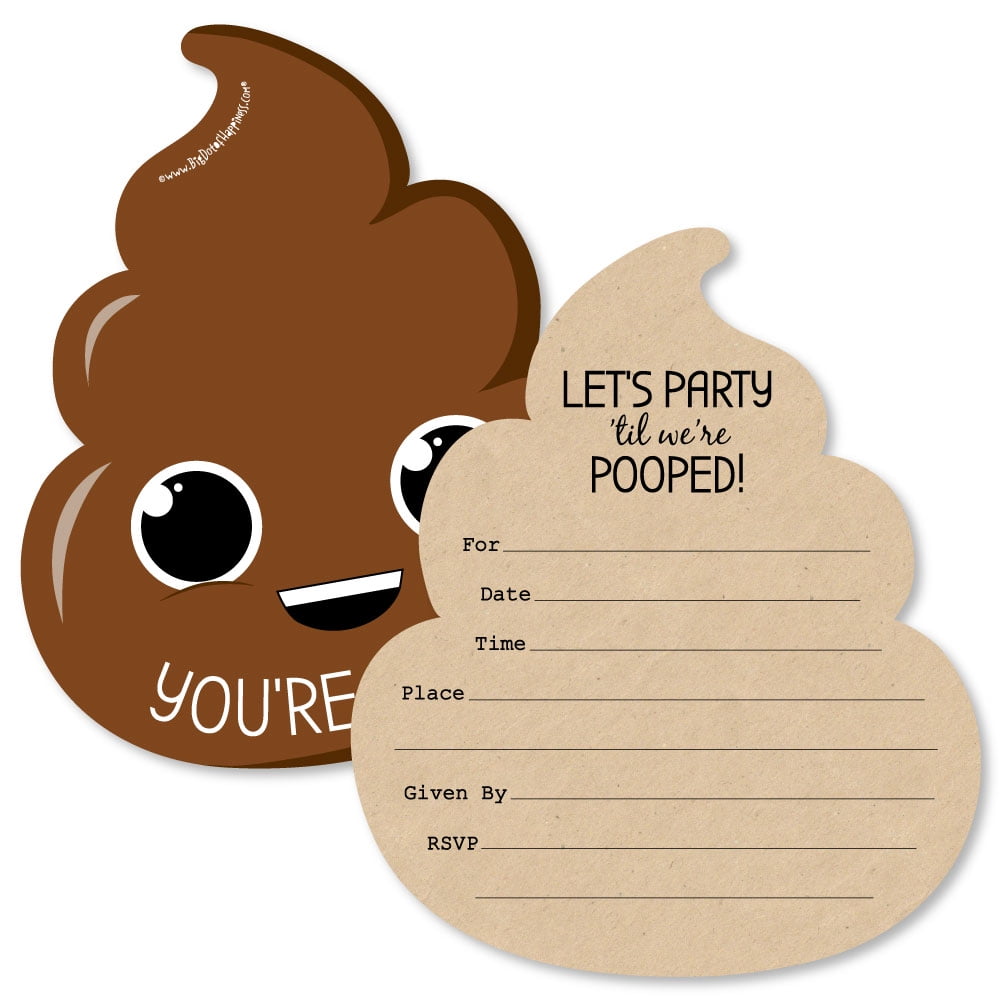 Party 'Til You're Pooped - Shaped Fill-In Invitations - Poop Emoji Party Invitation Cards with Envelopes - Set of 12