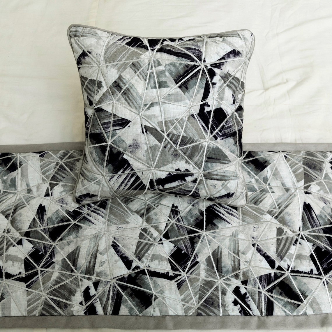 King / Queen / Twin Grey Decorative Queen 74"x18" Bed Runner WITH Pillow Cover, Print & Embroidery Bed Scarf on Cotton fabric - Grey Angular