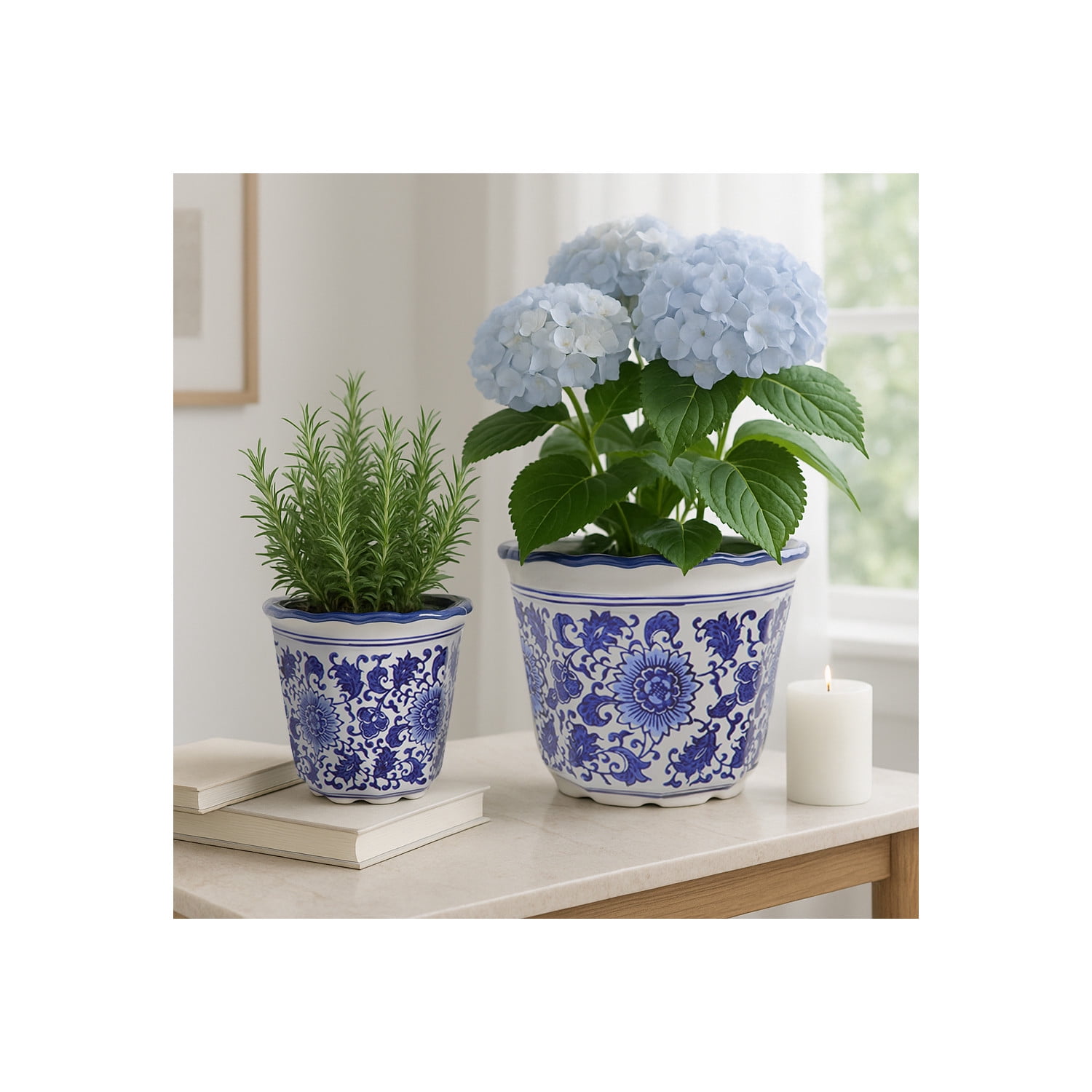 Decorative Chinoiserie Flower Pots for Home Décor - Elegant Ceramic Plant Pots for Outdoor and Indoor Plants - Garden Accent for Living Room, Entryway, or Patio - Set of 2, 8", 7", Blue & White