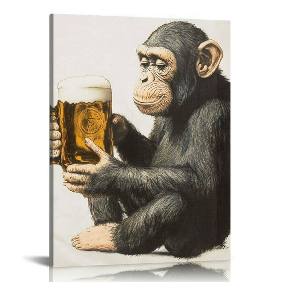 Patifu Monkey Beer Mug Canvas Wall Art Print for Living Room Bedroom Home Office Decor 12x16 in