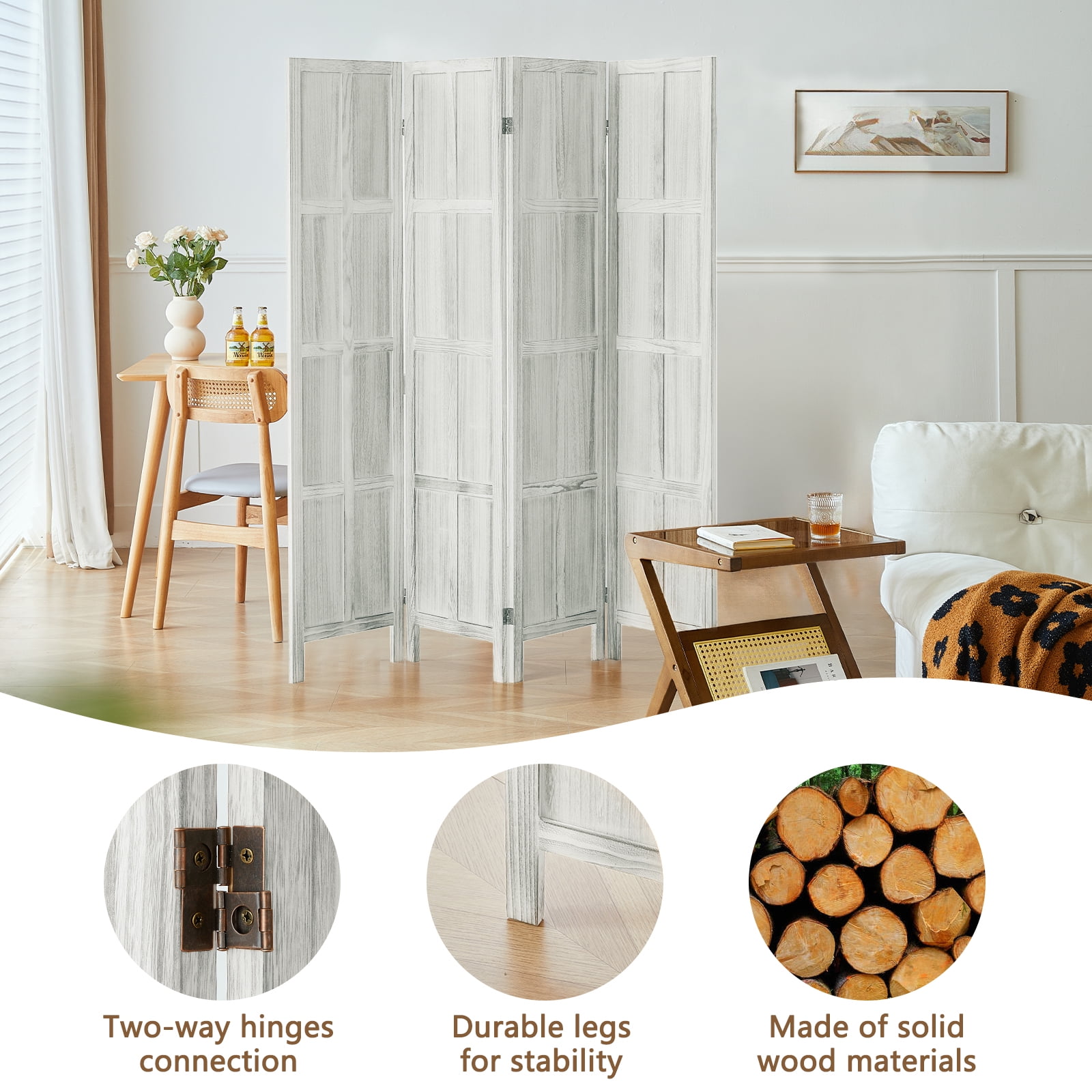 Aletheiawu 4 Panel Room Divider Wall and Folding Privacy Screens，No Installation Required，White