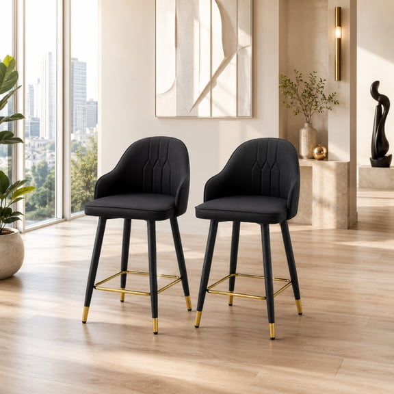 TesNus Bar Stools Set of 2, Black PU Leather Counter Chairs With Gold Footrest
