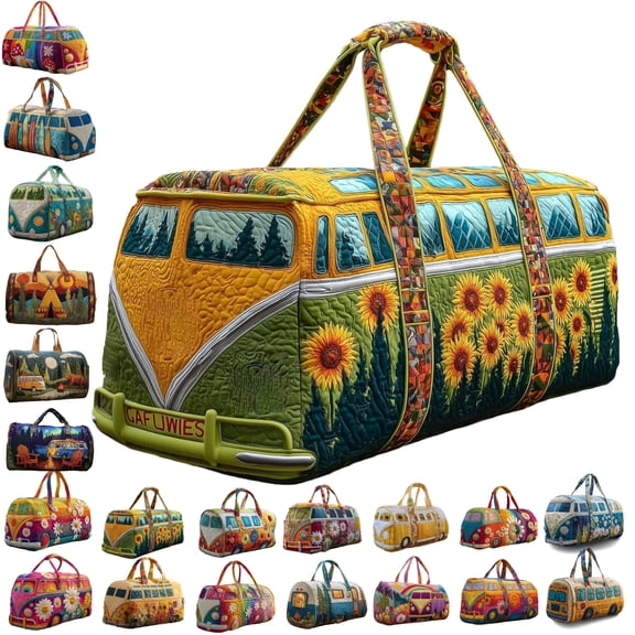 Quilted Hippie Van Duffle Bag with Adjustable Strap, Medium 18-inch Bohemian Weekender Bag for Travel, Durable Polyester Quilted Carryall for Gym Yoga Dance,L