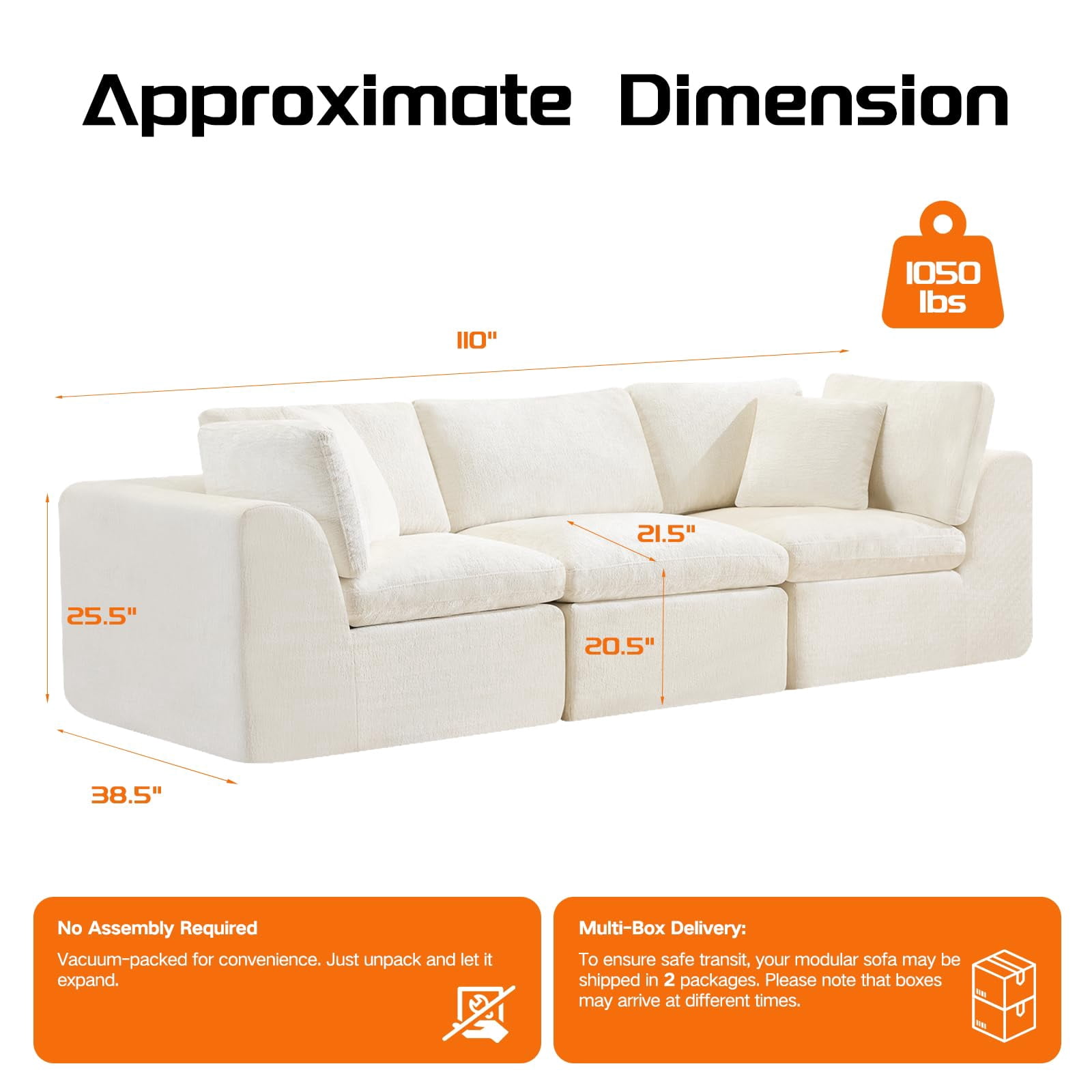 110" Boneless Sectional Couch Cloud Couches 3 Seater Modular Sectional Sofa, No Assembly Required