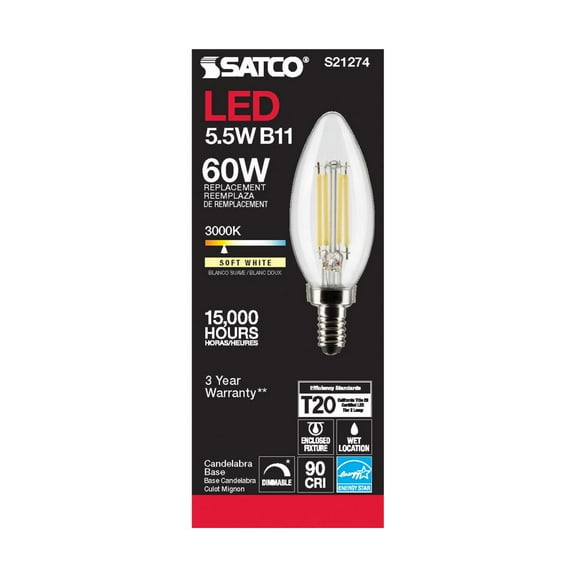 SATCO S21274 B11 LED Light Bulbs 5.5W 120V 3000K E12 Candelabra Base Dimmable (24 Pack)