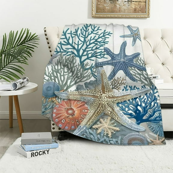 Patifu Nautical Coastal Blanket Starfish Seashell Coral Beach Themed Throw Blankets Gifts for Adults Sea Ocean Theme Lightweight Soft Fleece Cozy for Sofa Couch Bed Room Birthday Decor 50x60in White