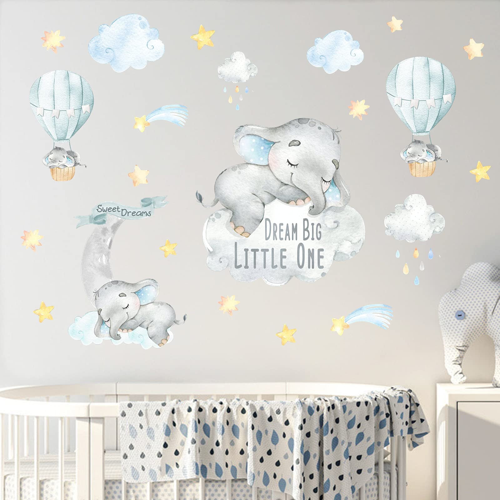 Elephant Wall Stickers Glow in The Dark Elephant Decal Baby Dream Big Little One Boy Nursery Room Wall Decor Quote Wall Stickers Large Watercolor Animal Decal for Kids Girl Bedroom Playroom Wall Decor 