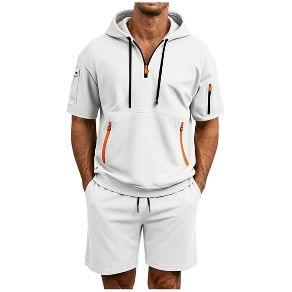 hotojiny Men's Tracksuit 2 Piece Outfit Breathable Quarter Zip Pullover Athletic Sweatsuit Short Sleeve Hoodie Shorts Set(White,X-Large)