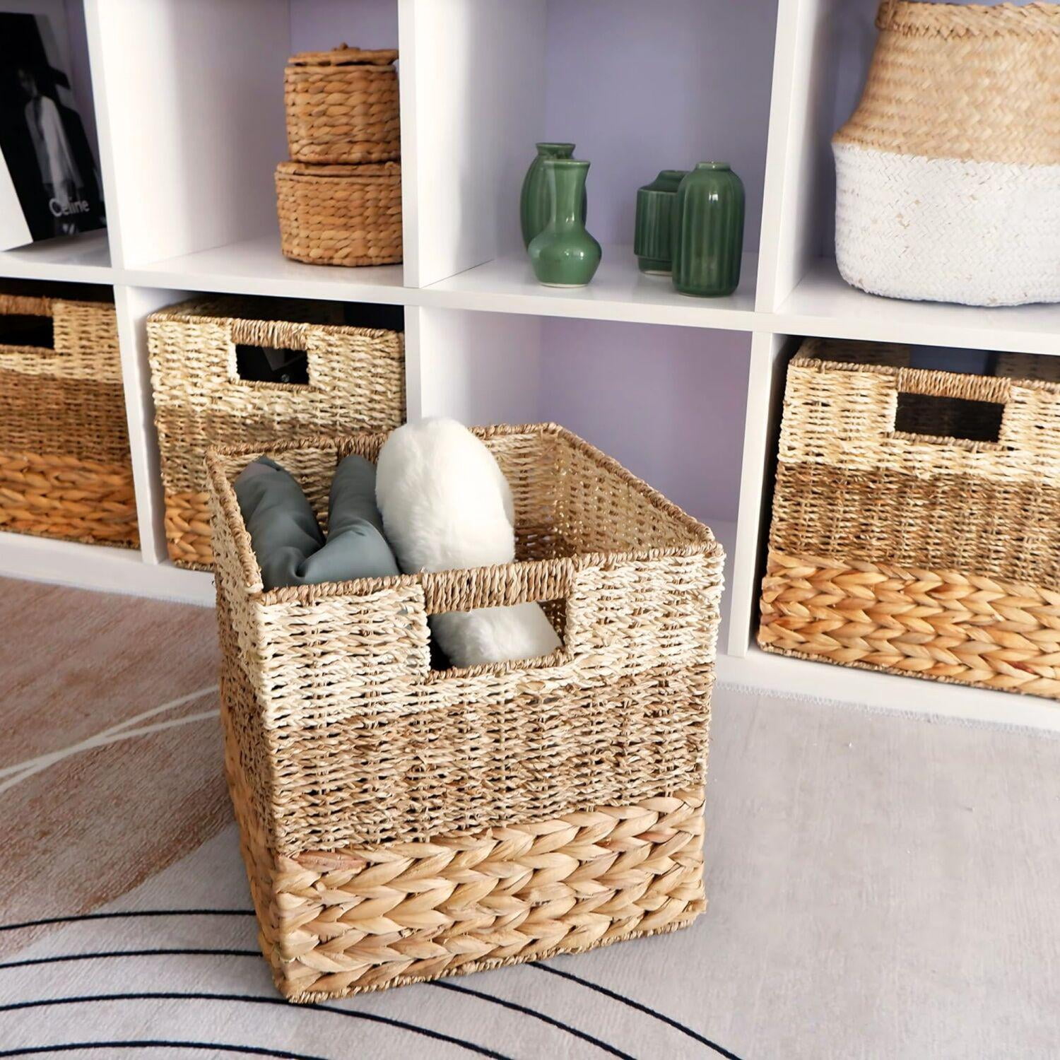 Wicker Storage Basket, Natural Wicker Cube Storage Bin, Hyacinth Cube Storage Baskets, Wicker Baskets, Rattan Woven Baskets, Cube Storage Baskets 11 x 11, Wicker Baskets for Organizing