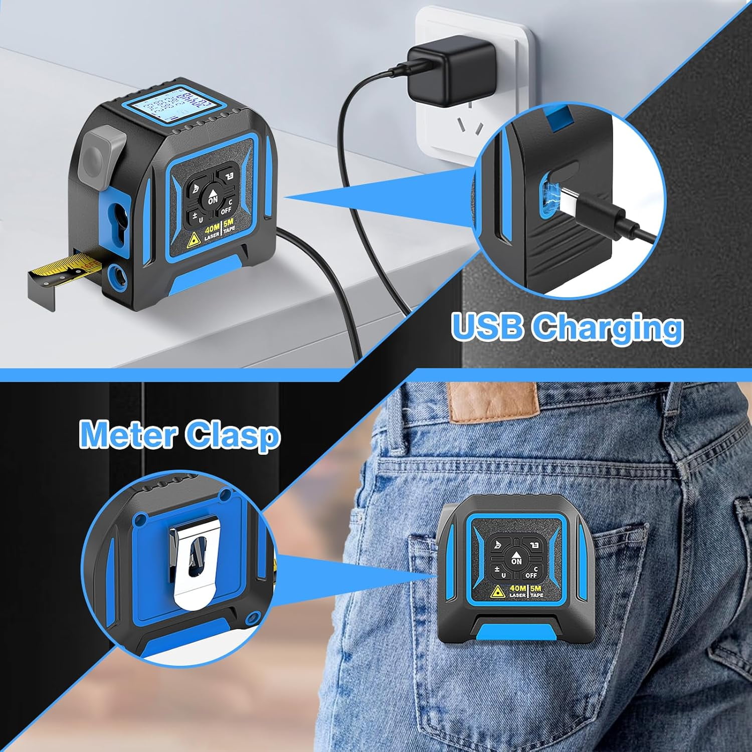 Laser Rangefinder, 2-in-1 Laser Tape Measure, 130Ft/40m Laser Measurement Tool, 16Ft/5m Measuring Tape, Digital Laser Tape Measure, LCD Display, Self-Locking Tape, Belt Clip