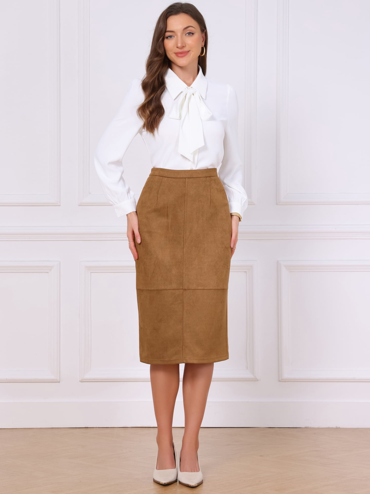 DARING DIVA Women's Faux Suede Skirt High Waist Vintage Skirts S Caramel