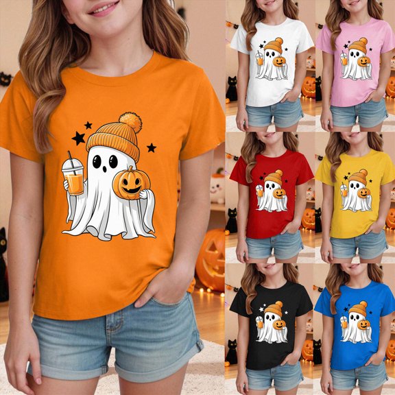 7-8 Years Girl Halloween Short Sleeved Top Halloween T-Shirt Party Gift Spooky Season Daily Casual