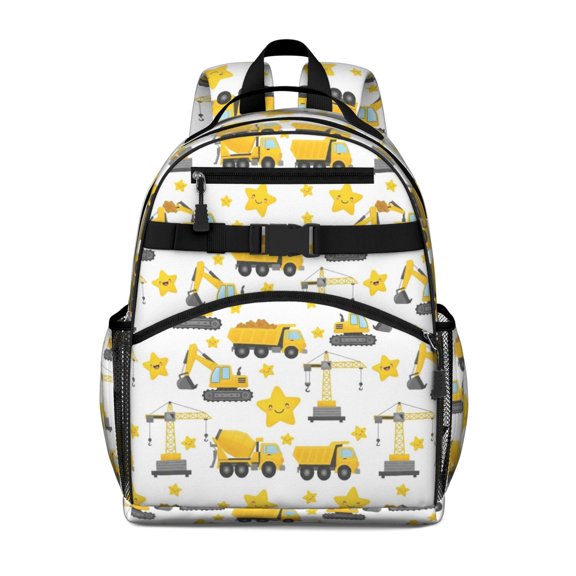 Excavator and Star White Pattern Cute School Backpack Bag for School with Padded Back and Adjustable Shoulder Straps 15.25"x11.5"x5.25"