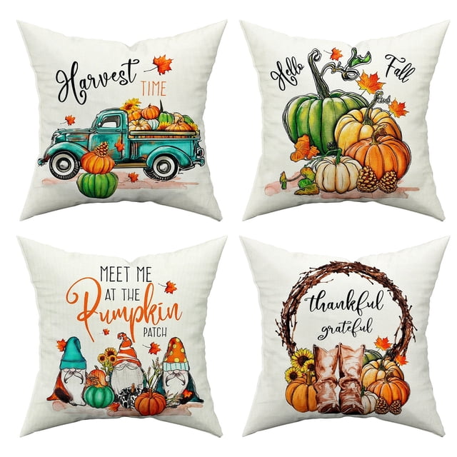 Husfou - Juego de 4 fundas de almohada otoñales (45 x 45 cm), diseño rústico de Acción de Gracias, para sofá