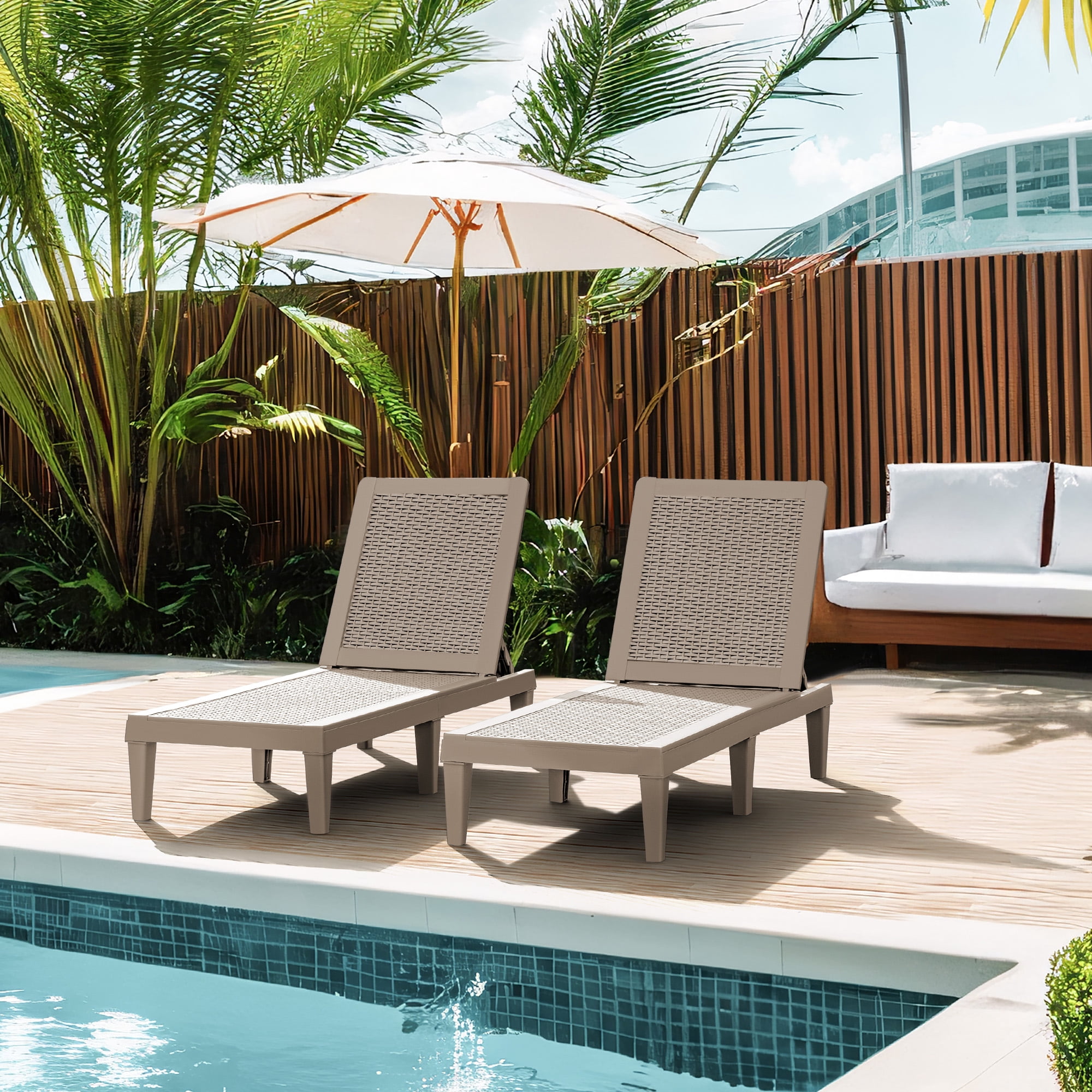 Vineego Set of 2 Patio Outdoor Chaise Lounge Chair Recliner with Adjustable Backrest, Light Taupe