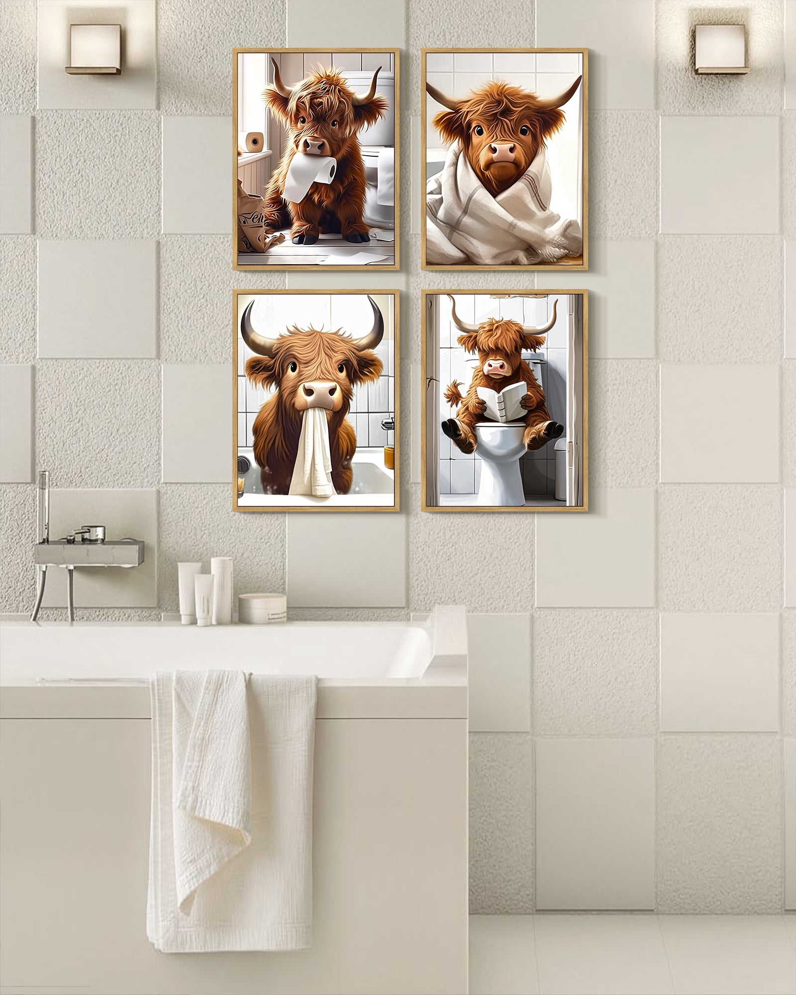 Drsoum Funny Highland Cow Bathroom Wall Art Rustic Cute Bathroom Canvas Prints for Bathroom Restroom Decor 11x14in4pcs Natural Framed