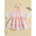thumbnail image 2 of Little Girls  Casual Dress Toddler Half Sleeve Crew Neck Mesh Lace  Summer Princess Dress with Bowknot Headband For Birthday Party 6M-4Y, 2 of 9