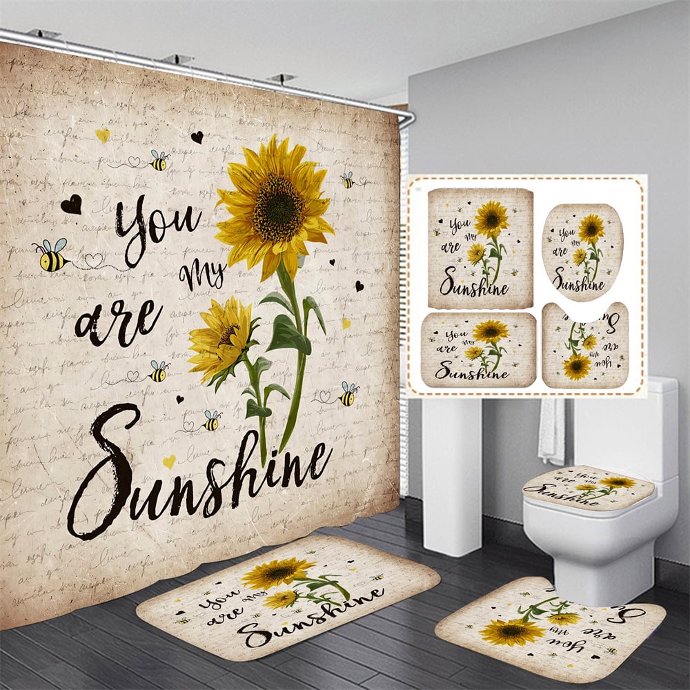 4 Pcs Bathroom Shower Curtain Set,Sunflower Shower Curtain Valentine's ...