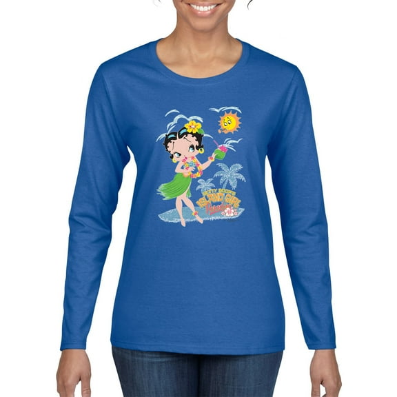 Wild Bobby Betty Boop Island Girl Paradise Betty Boop Womens Long Sleeve T-Shirt, Royal, Large