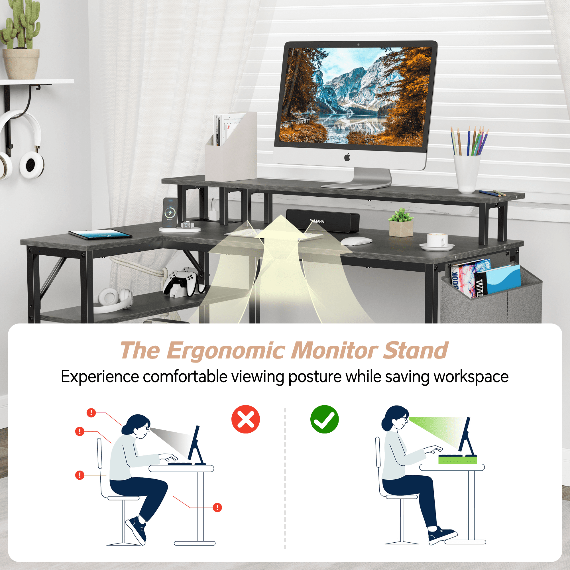 Mr IRONSTONE L-Shaped Desk with Power Outlets, LED Lights, and Monitor Stand, 47-inch Corner Desk for Home Office, Dark Gray