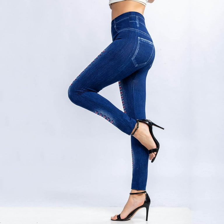 YWDJ Leggings for Women Tummy Control Plus Size Fashion Women's Stripe  Print Imitation Denim Leggings Elastic Slim Hip Ninth Pants Dark Blue XXL