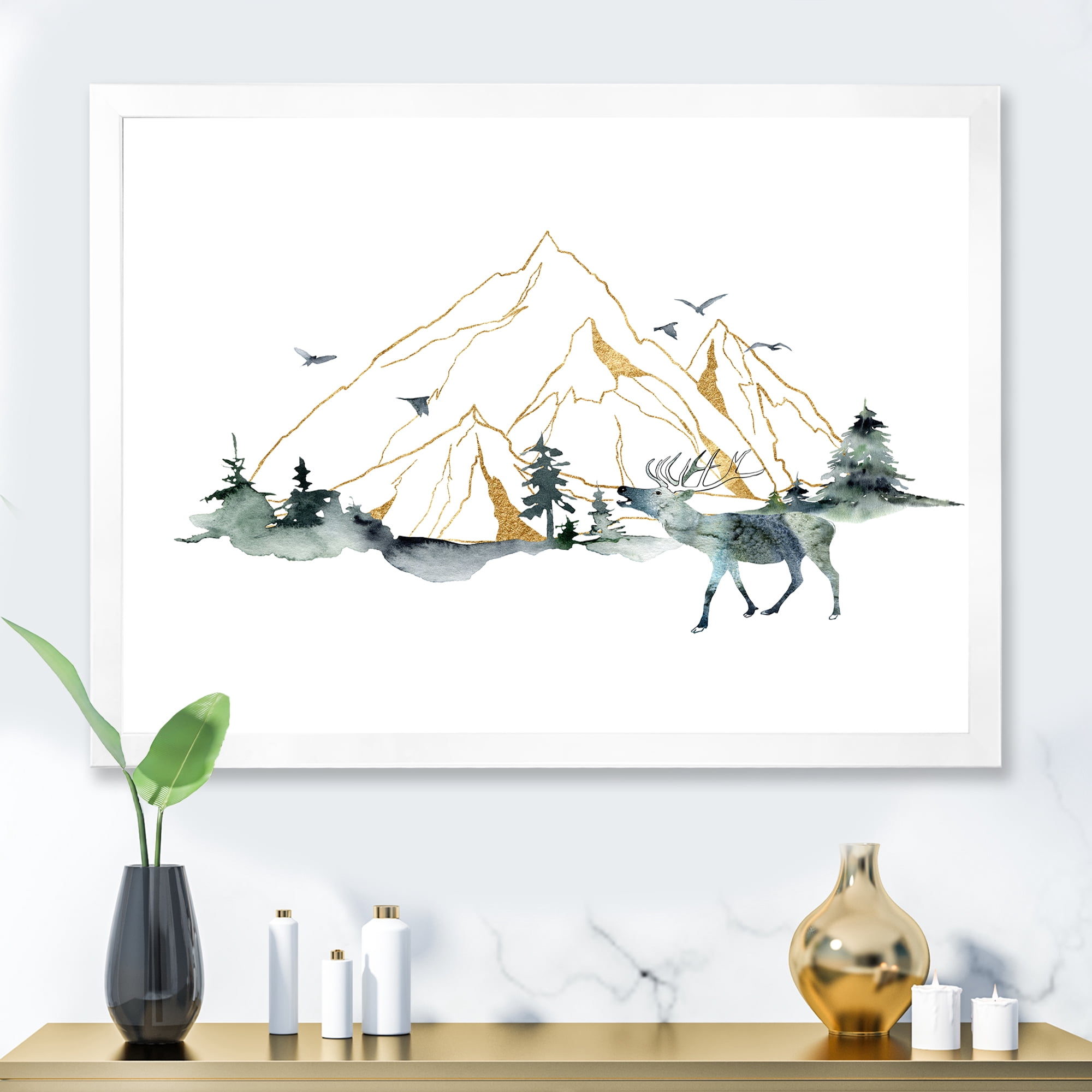 Designart 'Minimalistic Landscape of Forest Deer and Mountains' Modern Framed Art Print
