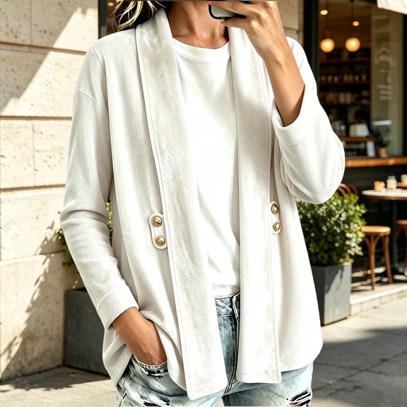 QIYAGBSA Womens Velour Cardigan Soft Open Front Shawl Collar Long Sleeve Decorative Button Casual Fall Winter Outerwear Sweaters(White, XL)