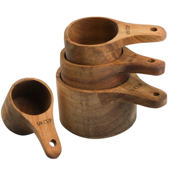 Set of 4 Acacia Wood Measuring Cups,Stackable Kitchen Measure Tool with Handle,Baking and Cooking Measuring Set,Handcrafted with Polish Finish,4 Size