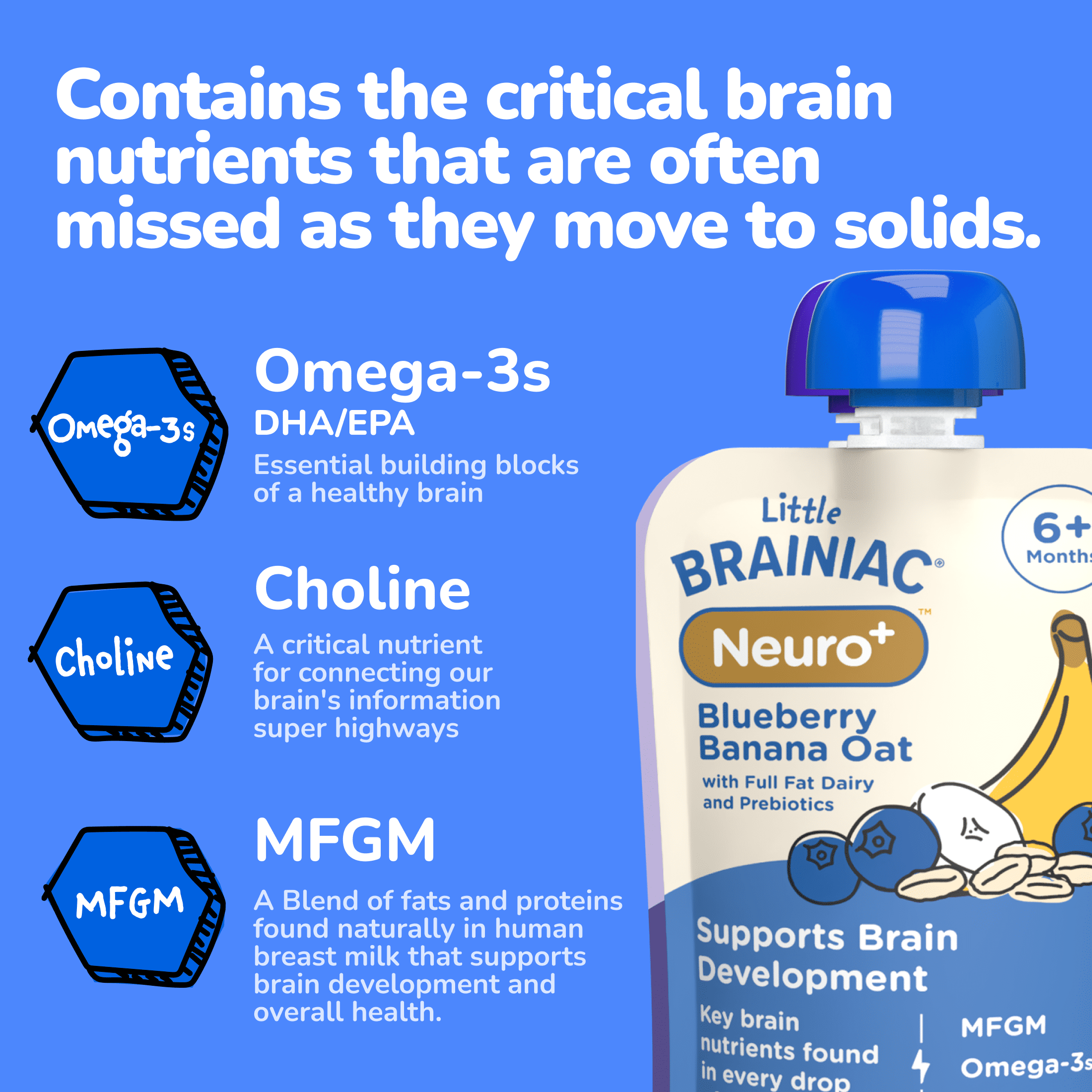 Little Brainiac Neuro+ Smoothie Baby Food Pouch with Omega-3s and Prebiotics, Blueberry Banana Oat, 3.5oz, 6ct