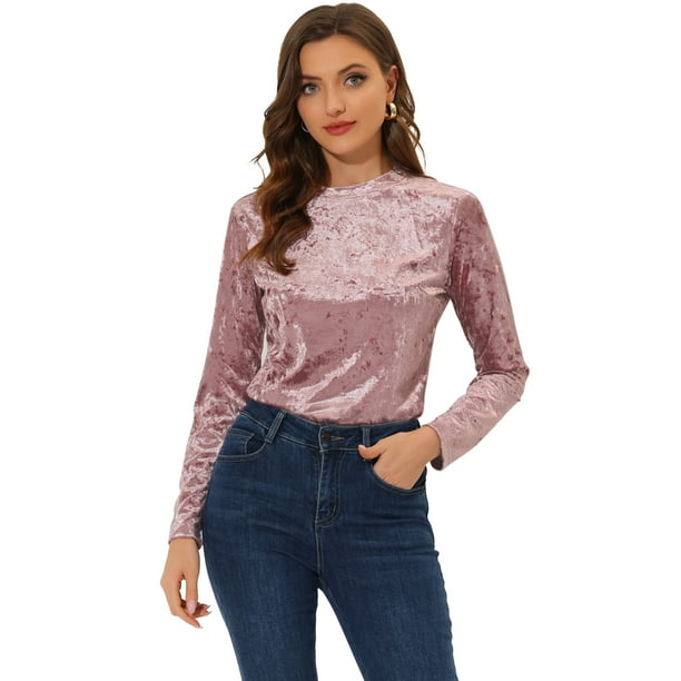 Camiseta casual Allegra K de manga larga con cuello redondo y parte superior de terciopelo Rosa XS