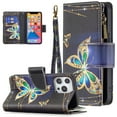 thumbnail image 1 of Compatible with iPhone 13 Mini Case 6.1" (2021), Allytech [9 Card Slots] PU Leather Flip Stand Zipper Pocket Magnetic Closure Detachable Hand Lanyard Purse Protectiver Cover, Big Gold Butterfly, 1 of 3